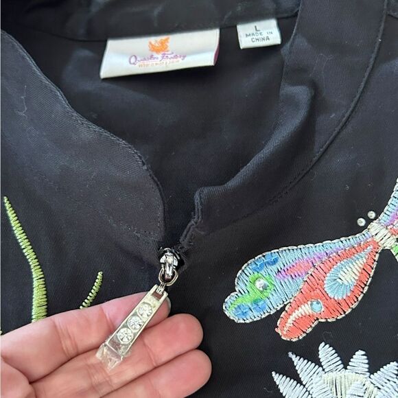 Vintage NWOT Quaker Factory Black Embroidered Dragon Fly Zip Front POCKET - Picture 7 of 9